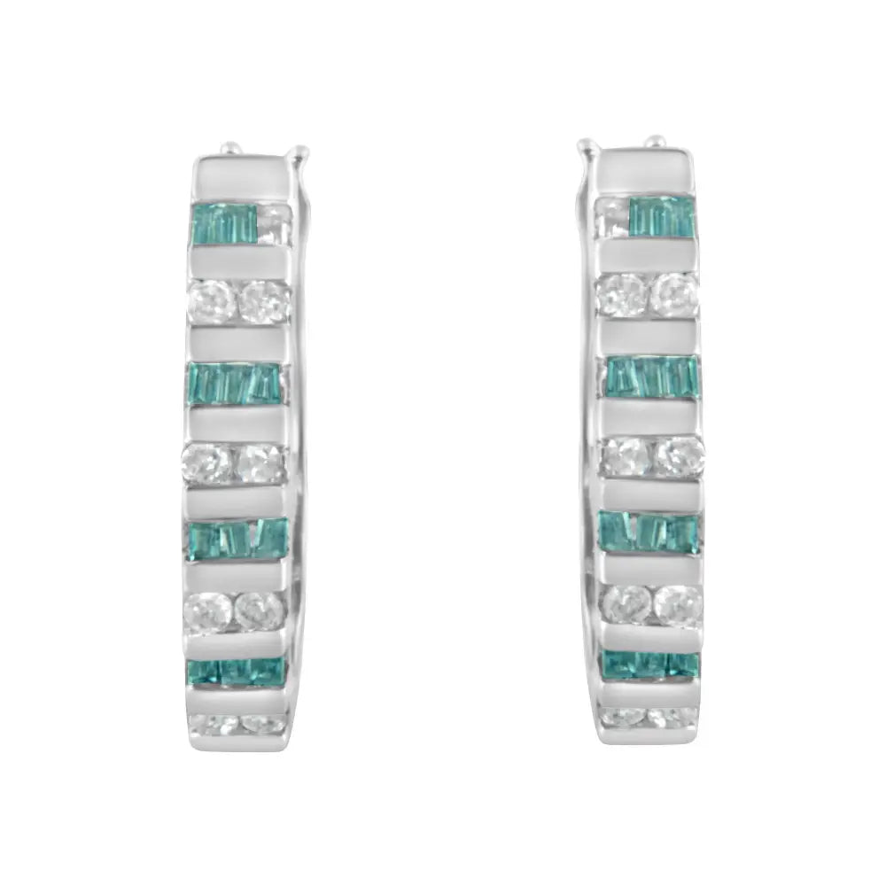 Radiant Blue Baguette Diamond Hoop Earrings in 10k White Gold