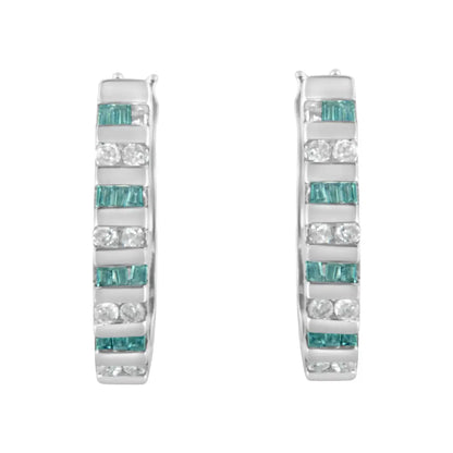 Radiant Blue Baguette Diamond Hoop Earrings in 10k White Gold