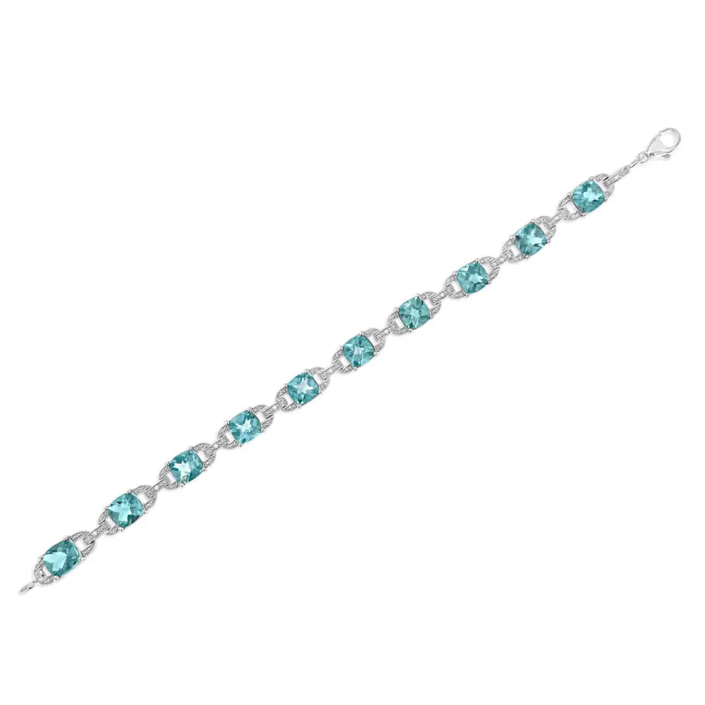 Radiant Cushion Cut Blue Topaz and Diamond Sterling Silver Bracelet - Blue