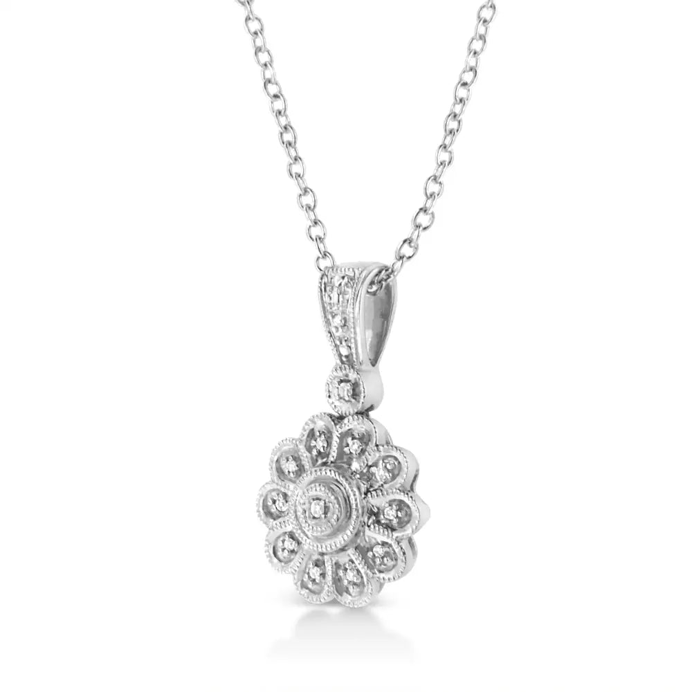 Radiant Diamond Accent Sunburst Milgrain Pendant in Sterling Silver