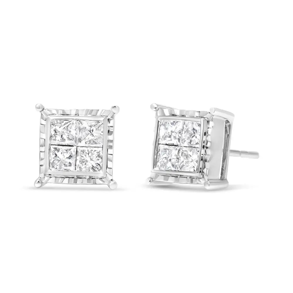 Radiant Diamond Contemporary Wavy Quad Stud Earrings in 14k White Gold - White