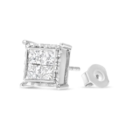 Radiant Diamond Contemporary Wavy Quad Stud Earrings in 14k White Gold - White