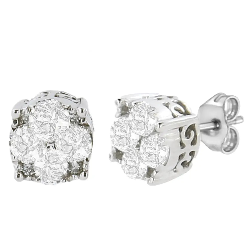 Radiant Lab Grown Round Diamond Cluster Stud Earrings in Sterling Silver