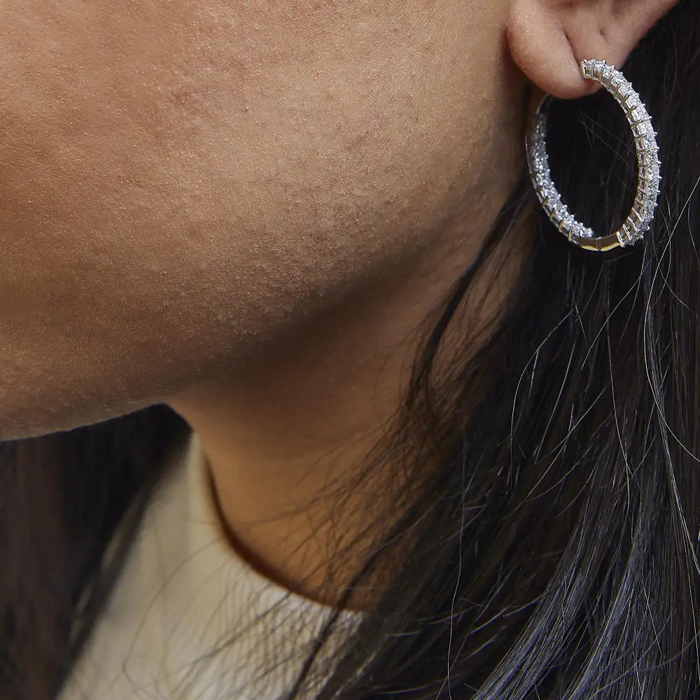 Radiant Princess Cut Diamond Inside out Hoop Earrings in 14k White Gold