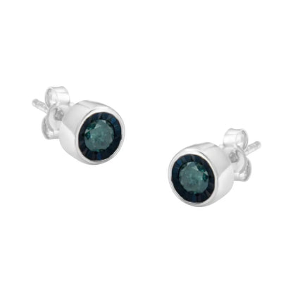 Radiant Round Brilliant-cut Blue Diamond Miracle-set Stud Earrings