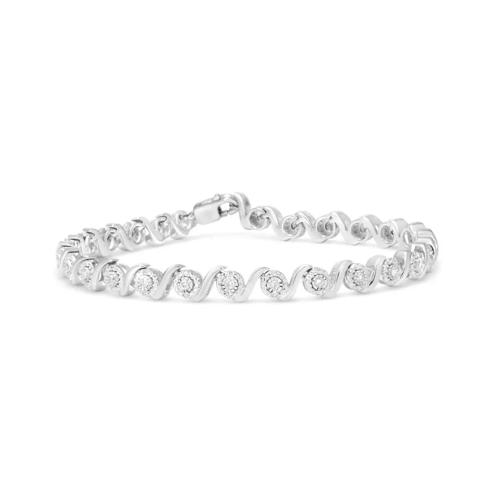 Radiant Round Diamond Halo S-link Bracelet in.925 Sterling Silver