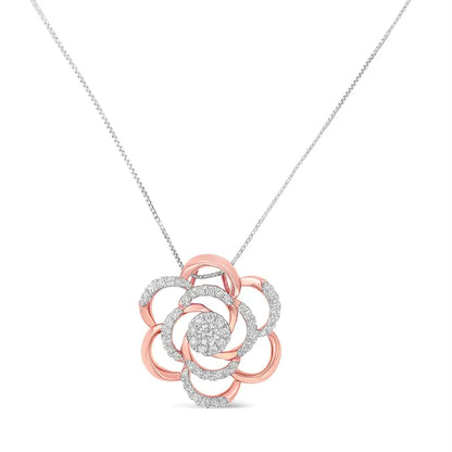 Rose Gold Plated Flower Accent Pendant with Round Cut Diamond Elegance