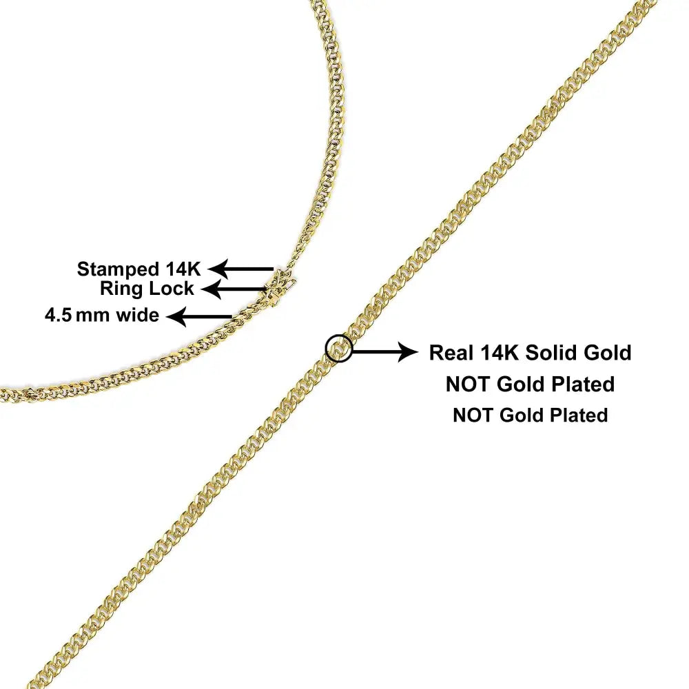 Semi-solid 14k Yellow Gold 4.5mm Miami Cuban Chain Necklace - Unisex - 22 - Fine Jewelry us Direct