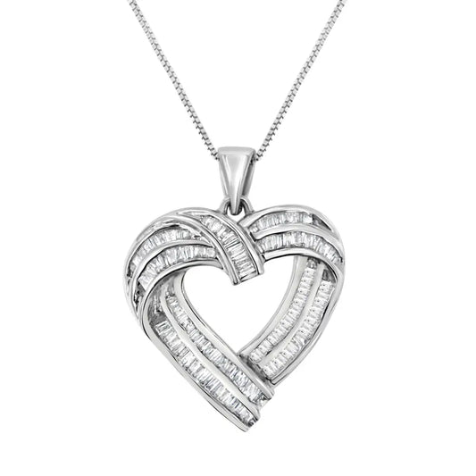 Sterling Silver 7/8 Cttw Baguette Diamond Heart Pendant Necklace (i-j I2-i3) - Fine Jewelry us Direct