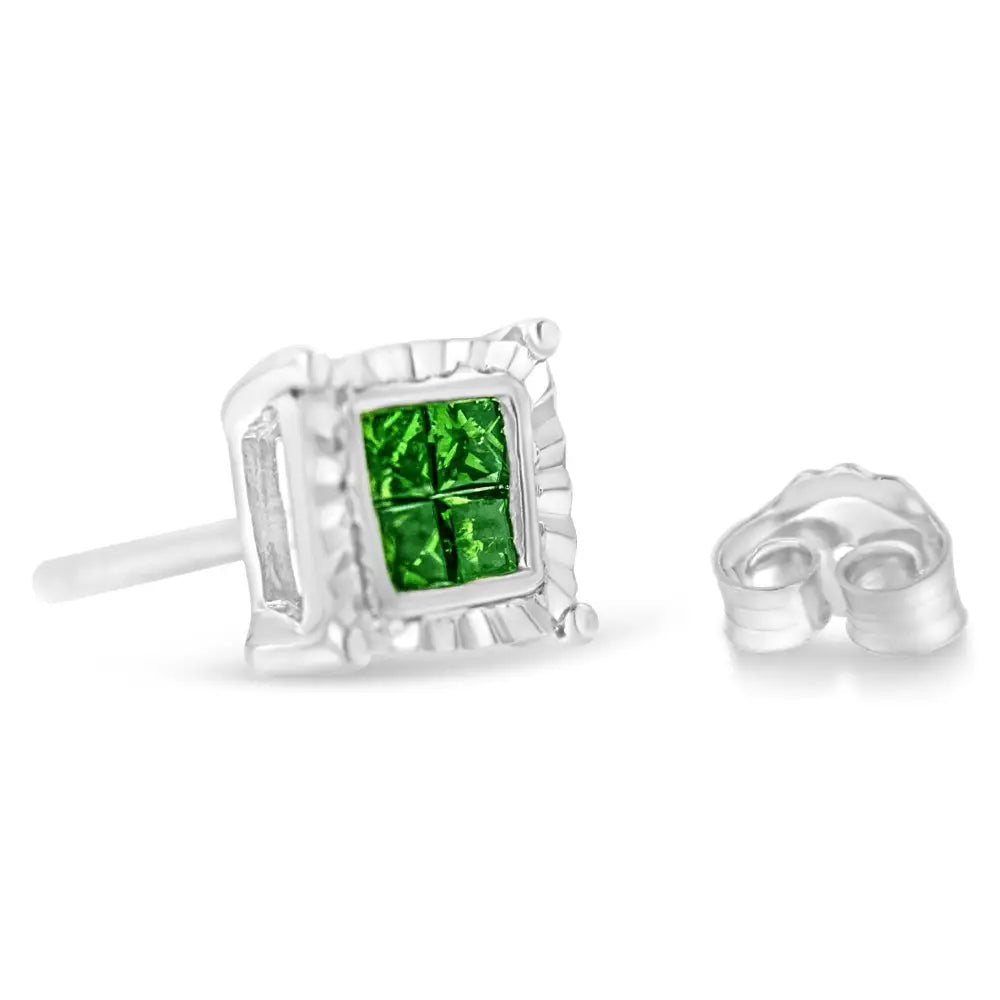 Sterling Silver Color Treated Princess Diamond Quad Stud Earring (1/2 Cttw Green I1-i2 Clarity) - Fine Jewelry us Direct