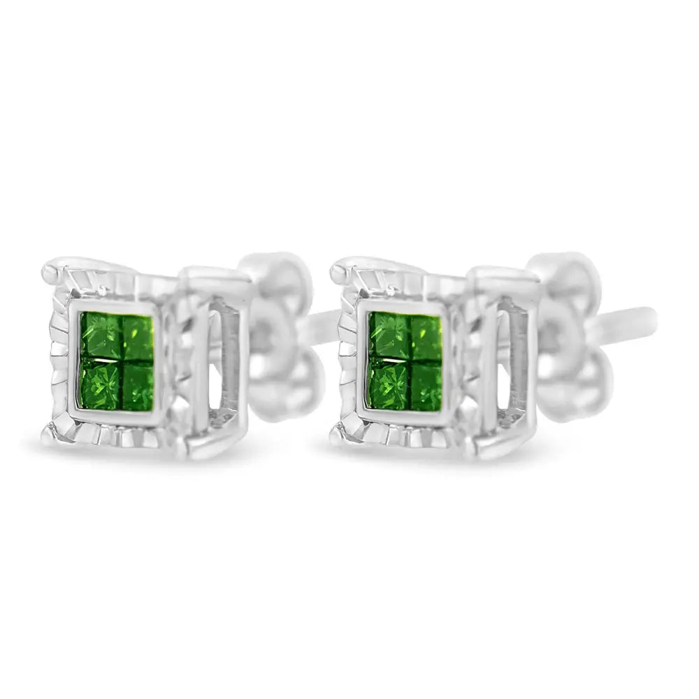 Sterling Silver Color Treated Princess Diamond Quad Stud Earring (1/2 Cttw Green I1-i2 Clarity) - Fine Jewelry us Direct