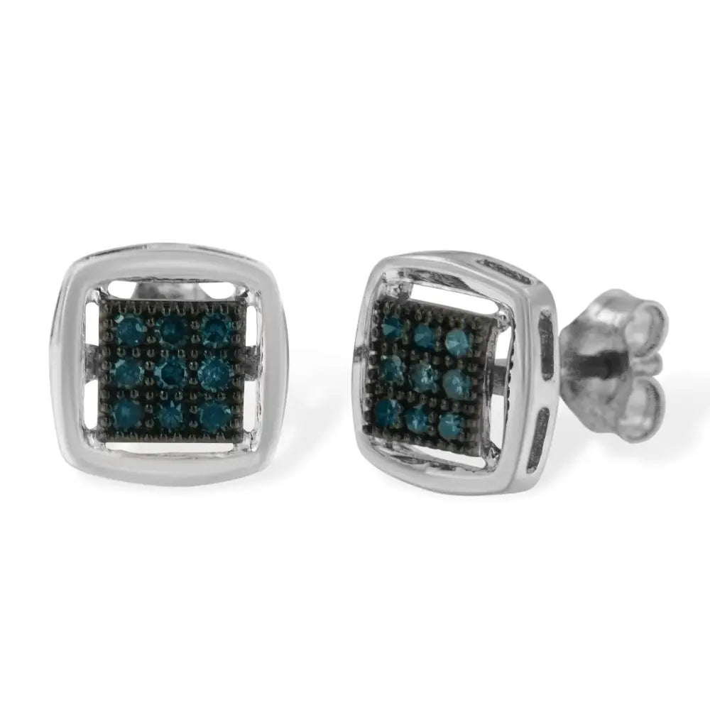 Sterling Silver Rose Cut Treated Blue Diamond Square Stud Earring (0.25 Cttw Color I2-i3 Clarity) - Fine Jewelry