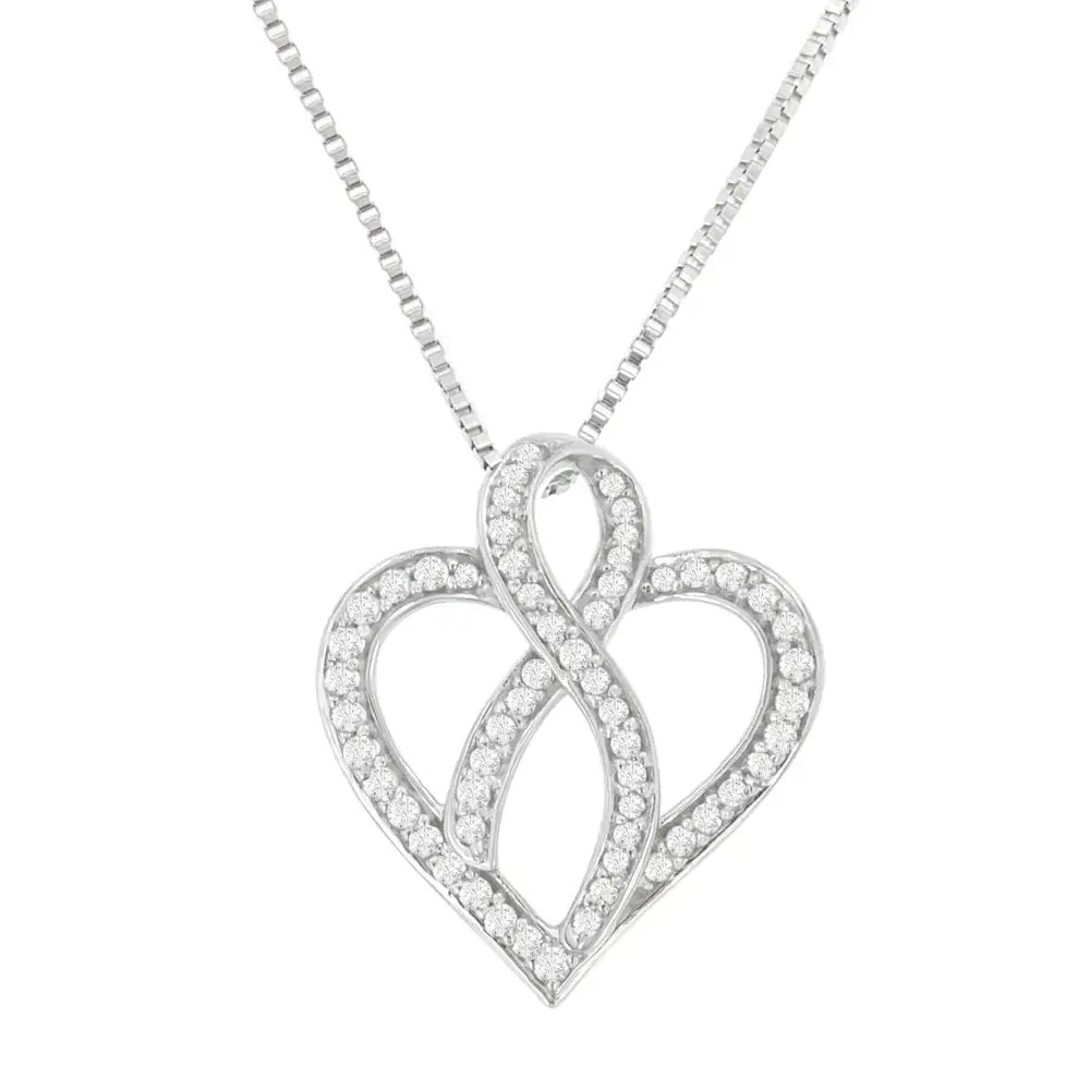 Sterling Silver Round Cut Diamond Ribbon-embellished Heart Pendant Necklace (1/4 Cttw H-i Color Si2-i1 Clarity) - Fine