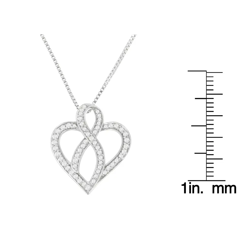 Sterling Silver Round Cut Diamond Ribbon-embellished Heart Pendant Necklace (1/4 Cttw H-i Color Si2-i1 Clarity) - Fine