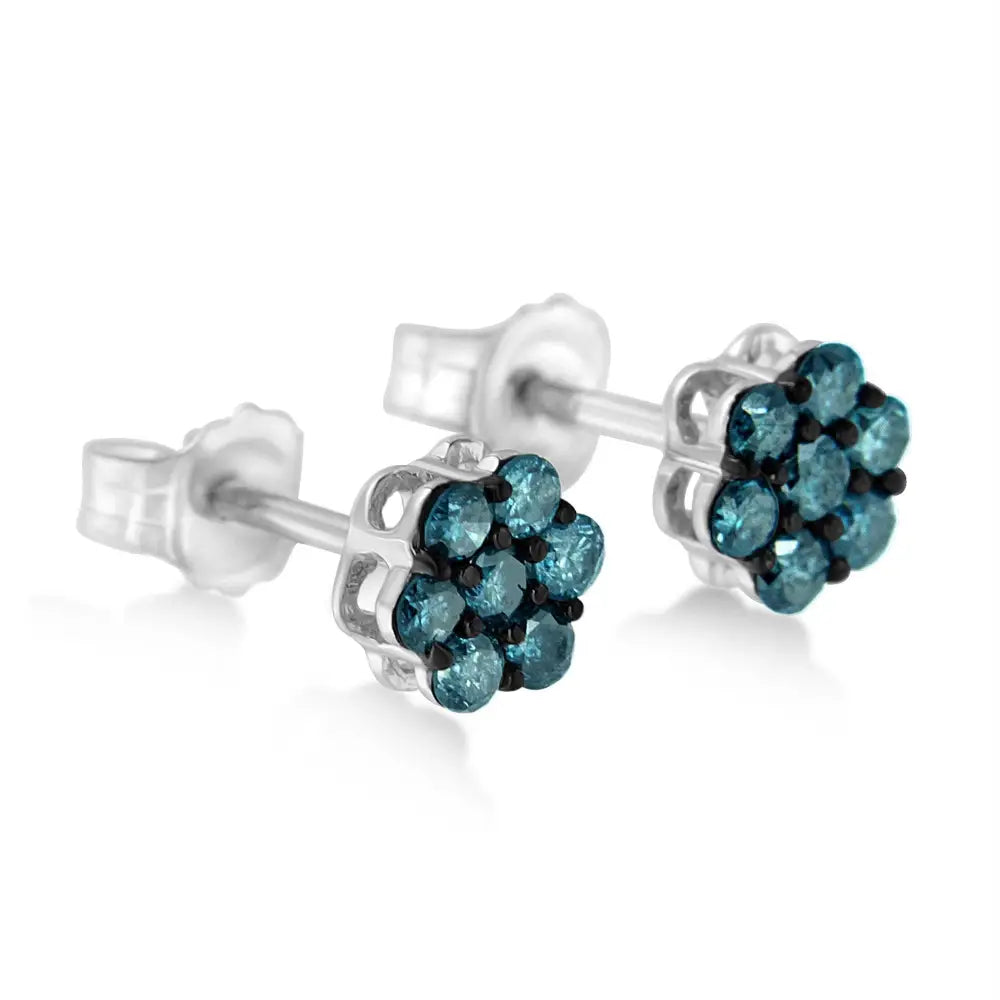 Sterling Silver Treated Blue Diamond Floral Stud Earrings (1/2 Cttw Color I2-i3 Clarity) - Fine Jewelry us Direct