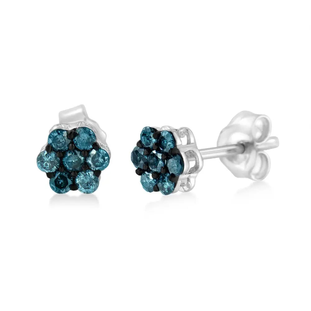 Sterling Silver Treated Blue Diamond Floral Stud Earrings (1/2 Cttw Color I2-i3 Clarity) - Fine Jewelry us Direct