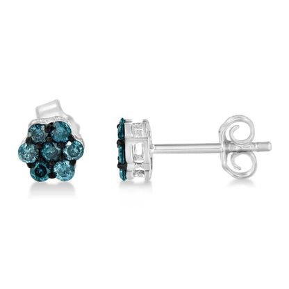 Sterling Silver Treated Blue Diamond Floral Stud Earrings (1/2 Cttw Color I2-i3 Clarity) - Fine Jewelry us Direct