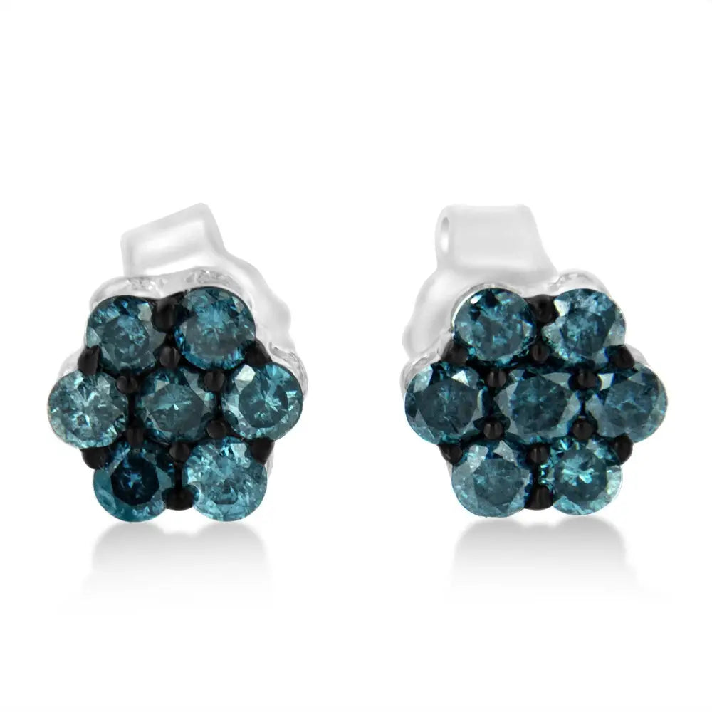 Sterling Silver Treated Blue Diamond Floral Stud Earrings (1/2 Cttw Color I2-i3 Clarity) - Fine Jewelry us Direct