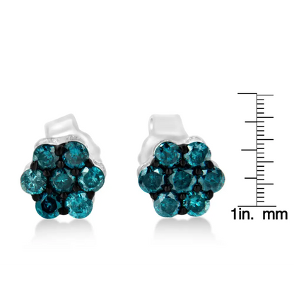 Sterling Silver Treated Blue Diamond Floral Stud Earrings (1/2 Cttw Color I2-i3 Clarity) - Fine Jewelry us Direct