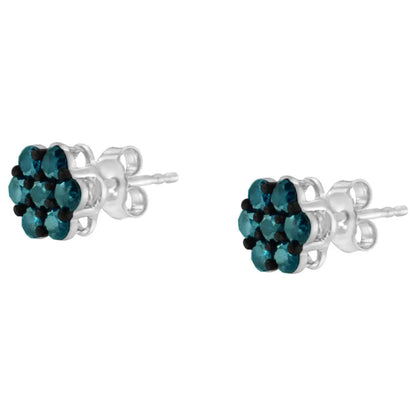 Sterling Silver Treated Blue Diamond Floral Stud Earrings (1 Cttw Color I2-i3 Clarity) - Fine Jewelry us Direct