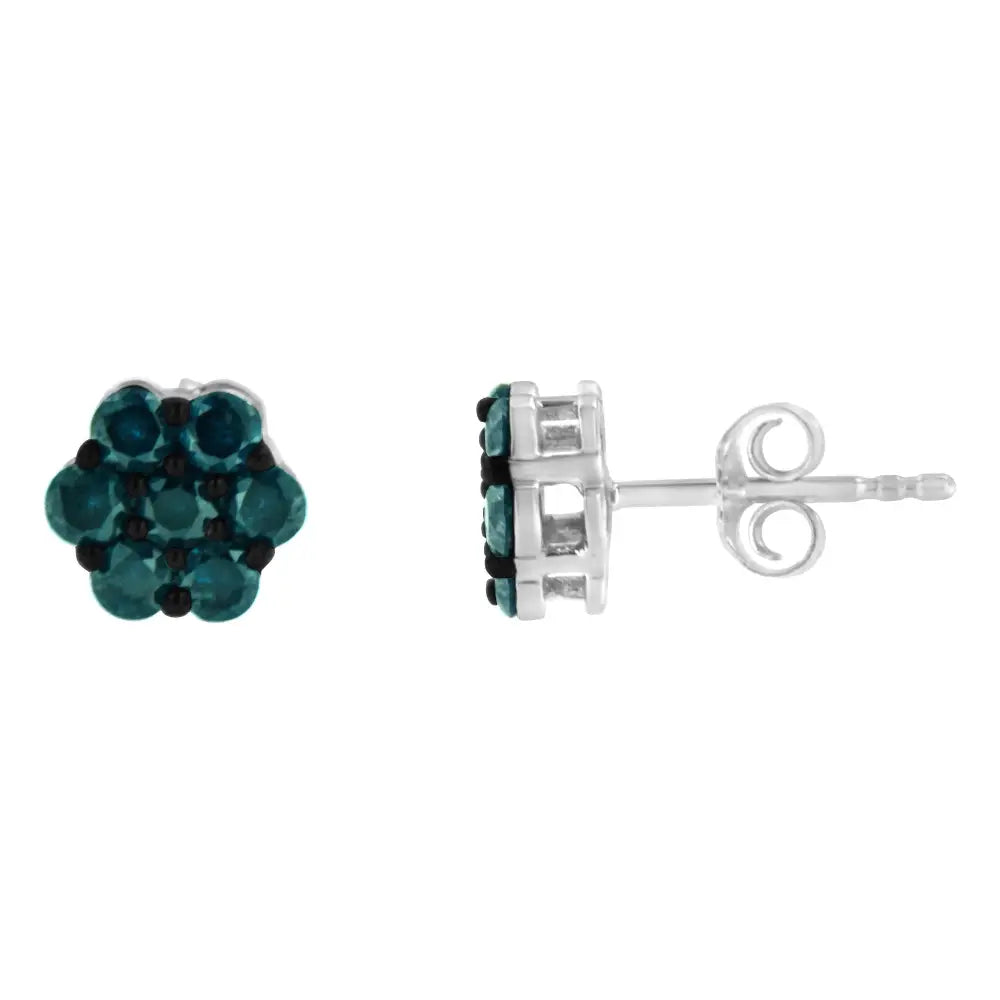 Sterling Silver Treated Blue Diamond Floral Stud Earrings (1 Cttw Color I2-i3 Clarity) - Fine Jewelry us Direct