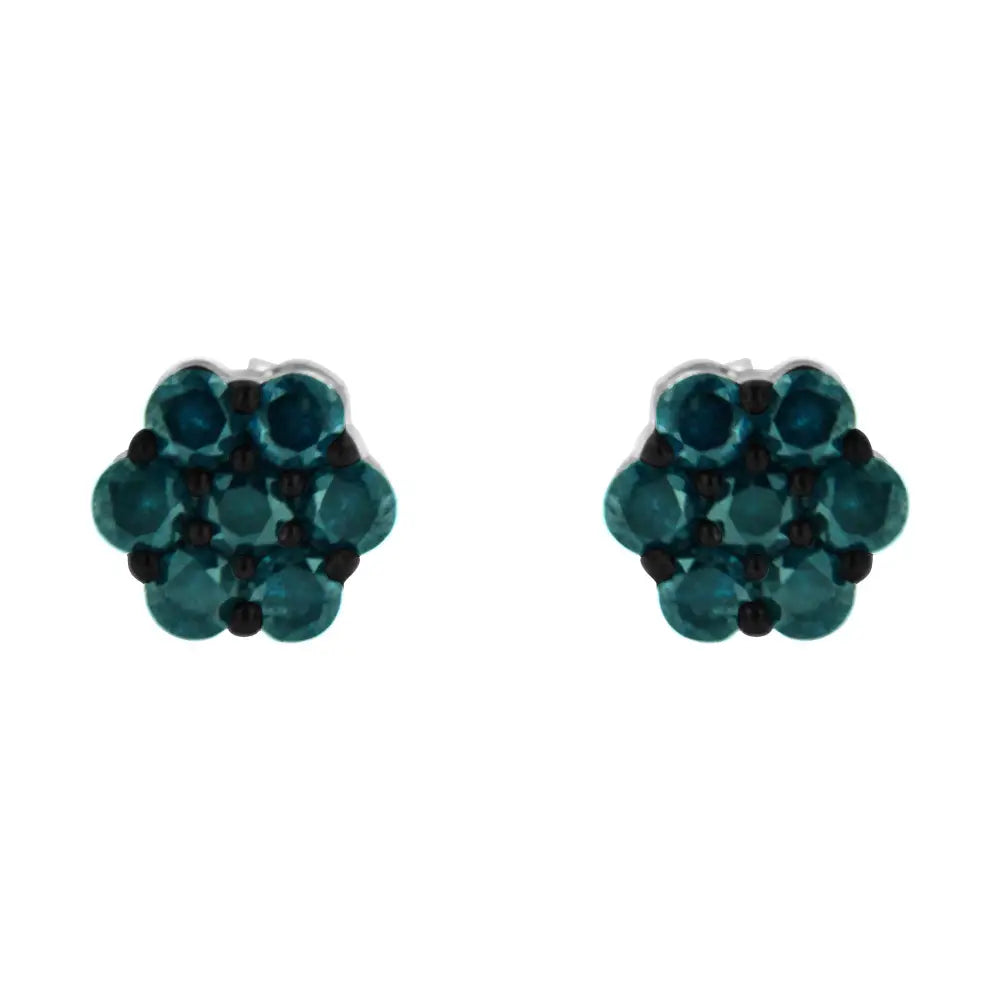 Sterling Silver Treated Blue Diamond Floral Stud Earrings (1 Cttw Color I2-i3 Clarity) - Fine Jewelry us Direct