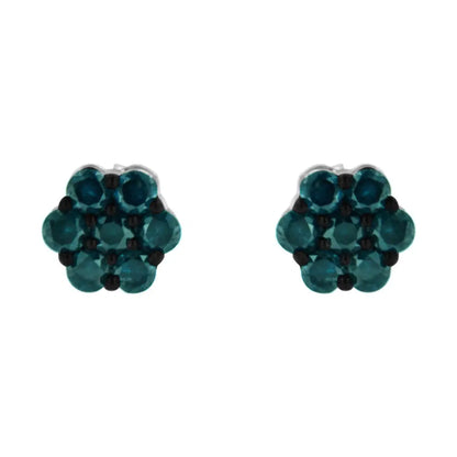 Sterling Silver Treated Blue Diamond Floral Stud Earrings (1 Cttw Color I2-i3 Clarity) - Fine Jewelry us Direct