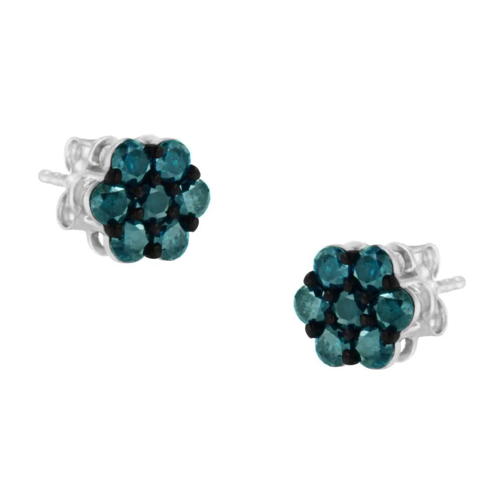 Sterling Silver Treated Blue Diamond Floral Stud Earrings (1 Cttw Color I2-i3 Clarity) - Fine Jewelry us Direct