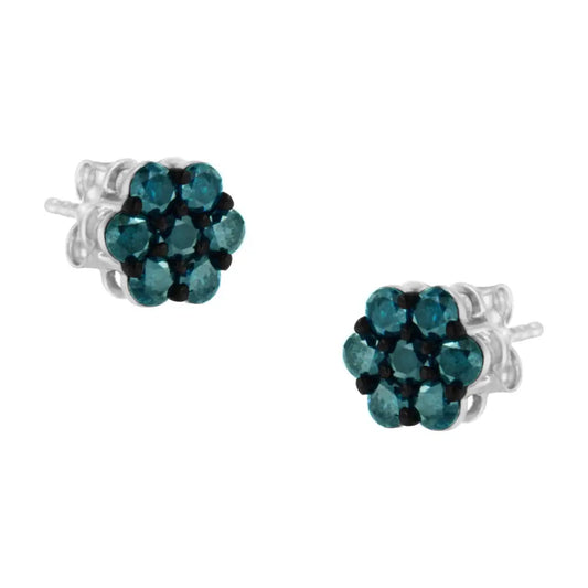 Sterling Silver Treated Blue Diamond Floral Stud Earrings (1 Cttw Color I2-i3 Clarity) - Fine Jewelry us Direct