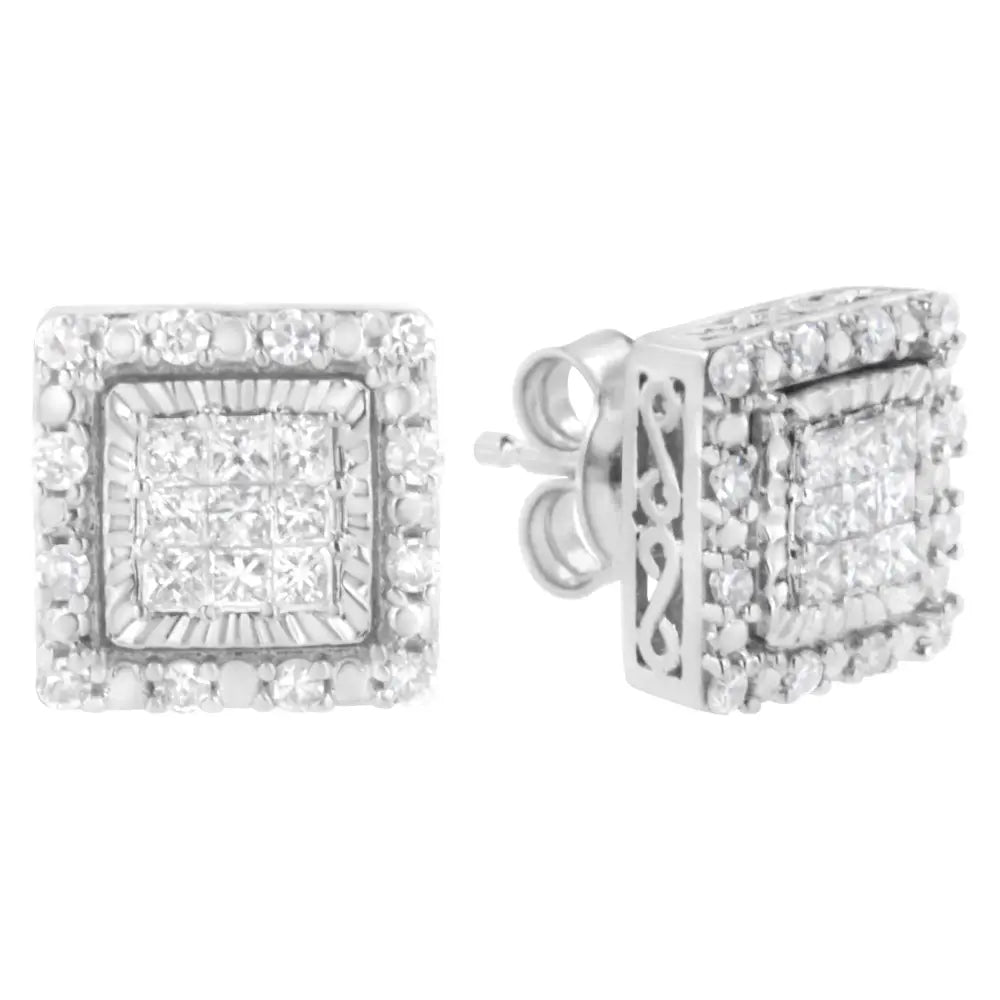 Stunning 10k White Gold Cttw Invisible Set Diamond Square Stud Earrings