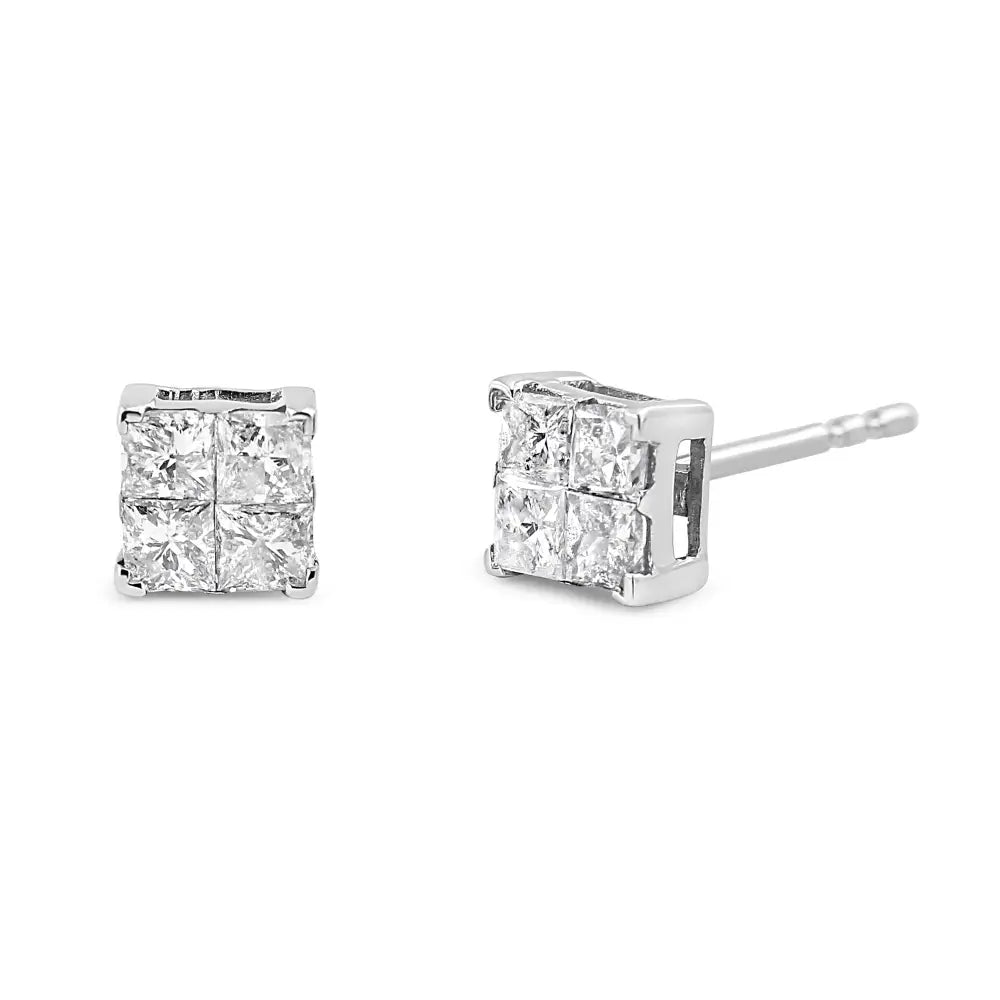 Stunning 10k White Gold Invisible Set Princess-cut Diamond Earrings