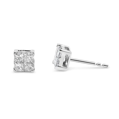 Stunning 10k White Gold Invisible Set Princess-cut Diamond Earrings