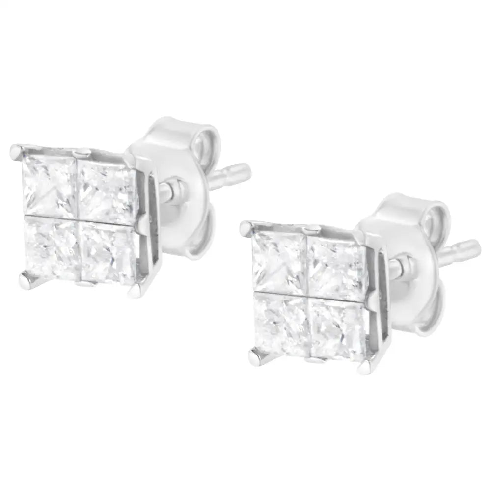 Stunning 10k White Gold Invisible Set Princess-cut Diamond Earrings