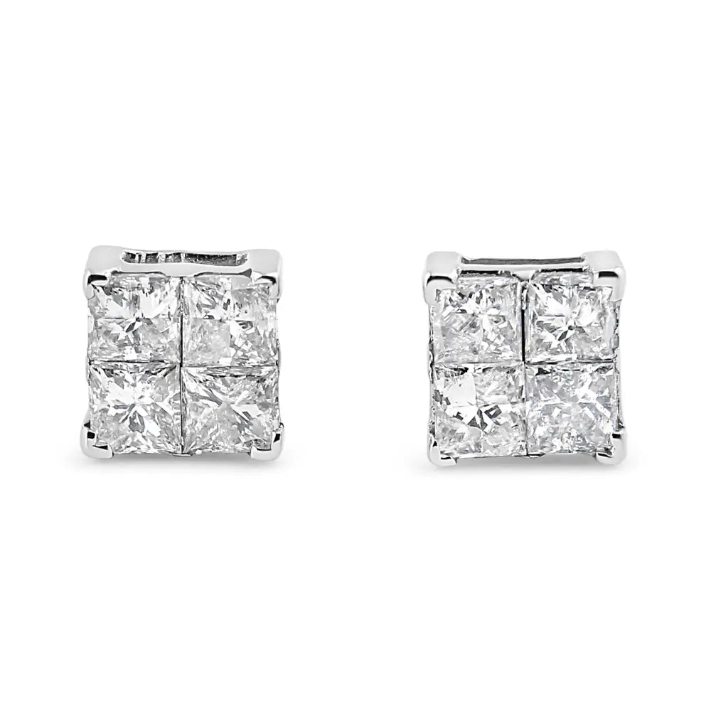 Stunning 10k White Gold Invisible Set Princess-cut Diamond Earrings