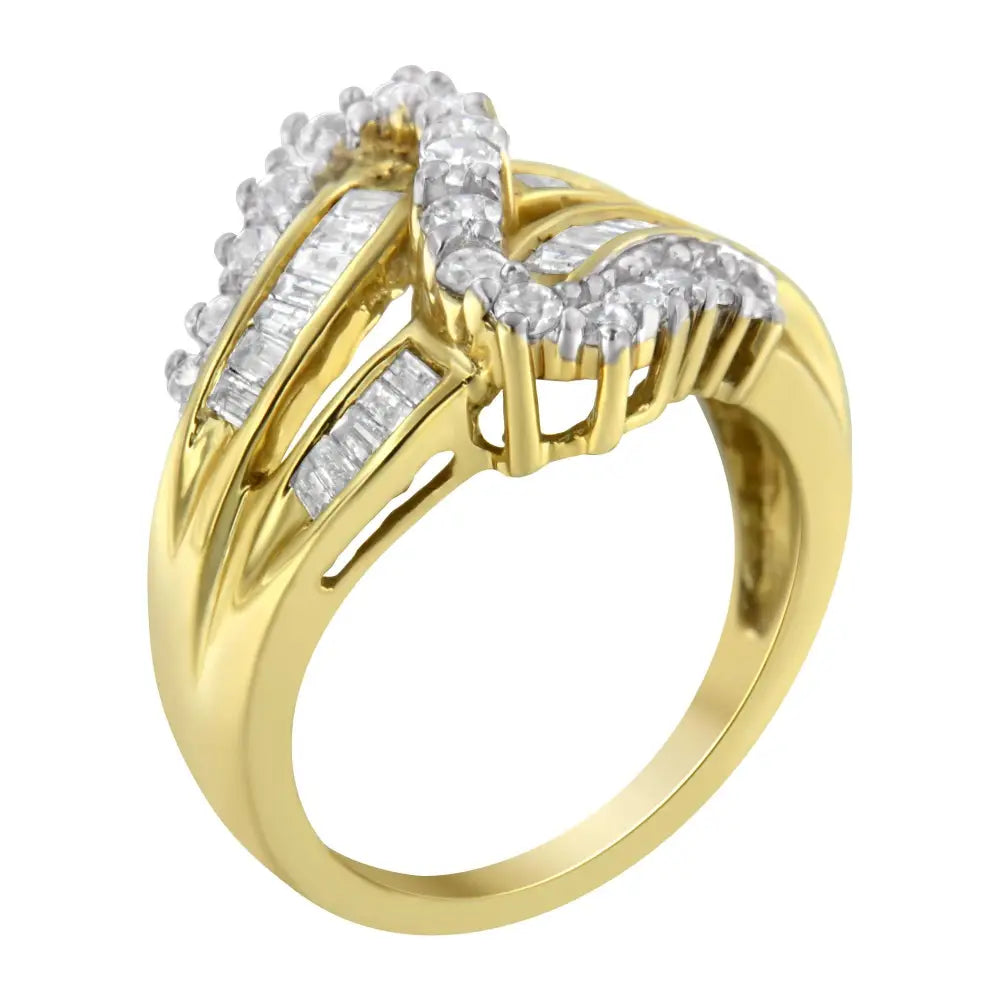 Stunning 10k Yellow Gold Diamond Bypass Ring with Baguette Cut Elegance