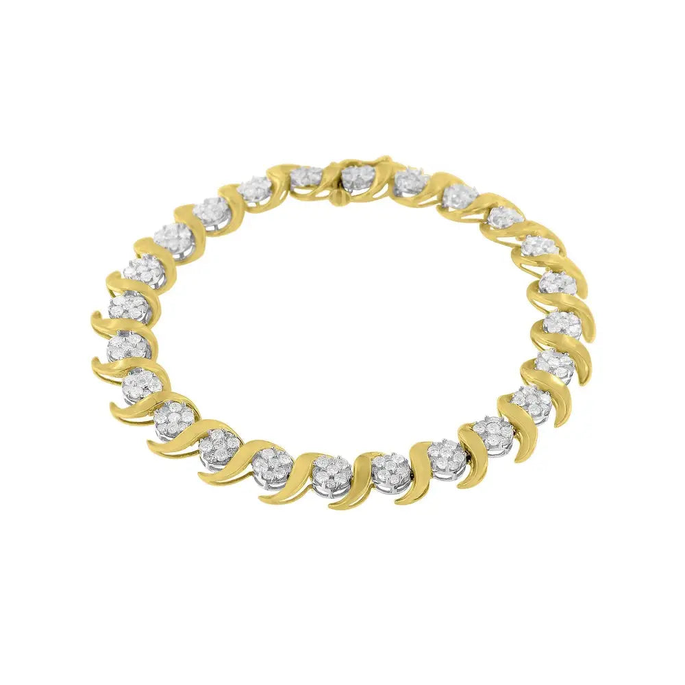 Stunning 10k Yellow Gold Diamond Floral Link Bracelet with I2-i3 Clarity