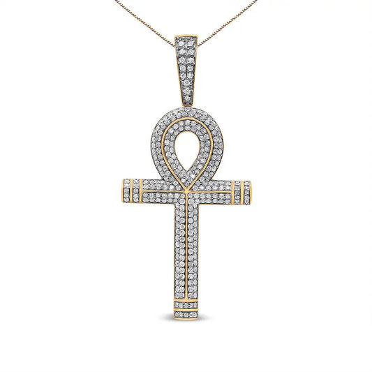 10k Yellow Gold 1 7/8 Cttw Round Diamond Ankh Cross Pendant for Men