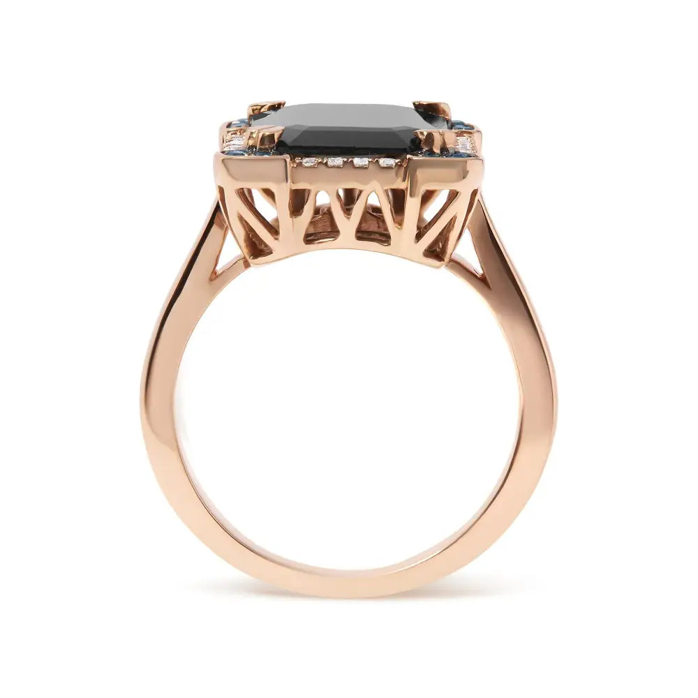 Stunning 14k Rose Gold Halo Cocktail Ring with Emerald-cut Black Onyx