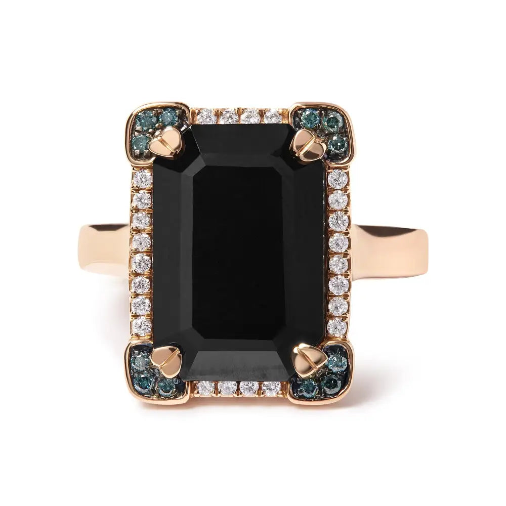 Stunning 14k Rose Gold Halo Cocktail Ring with Emerald-cut Black Onyx