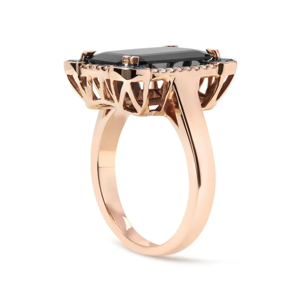 Stunning 14k Rose Gold Halo Cocktail Ring with Emerald-cut Black Onyx