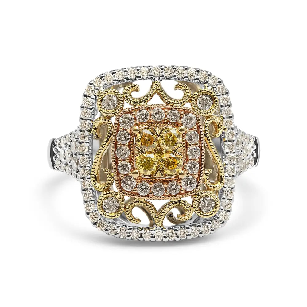 Stunning 14k Tri-toned Gold Milgrain Cocktail Yellow Diamond Halo Ring