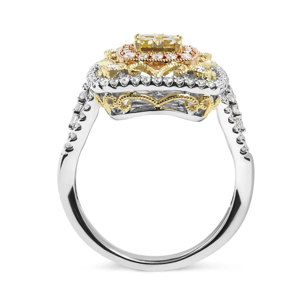 Stunning 14k Tri-toned Gold Milgrain Cocktail Yellow Diamond Halo Ring