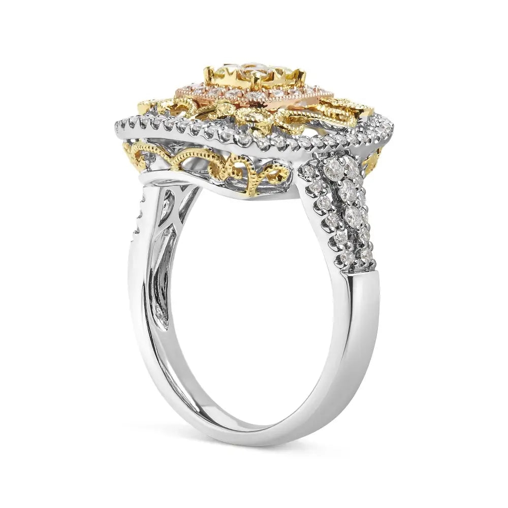 Stunning 14k Tri-toned Gold Milgrain Cocktail Yellow Diamond Halo Ring