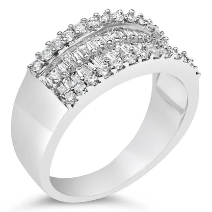 Elegant 14k White Gold 1.0 Cttw Round & Baguette Diamond Band Ring - Size 7 - 7