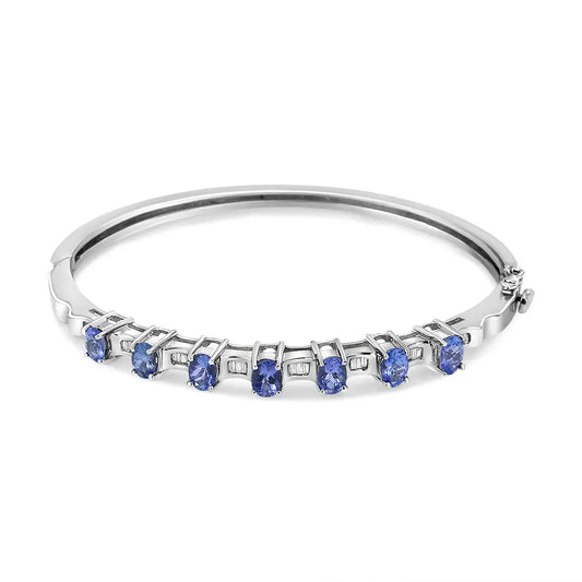 Stunning 14k White Gold Oval Blue Tanzanite and Cttw Diamond Bangle