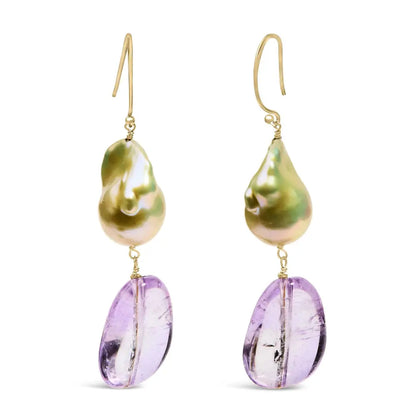 Stunning 14k Yellow Gold Amethyst & Baroque Pearl Drop Earrings - 2 Inch Dangle