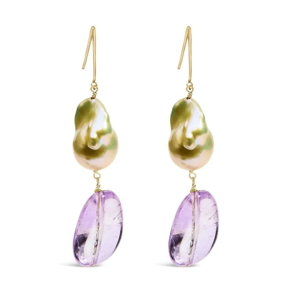 Stunning 14k Yellow Gold Amethyst & Baroque Pearl Drop Earrings - 2 Inch Dangle