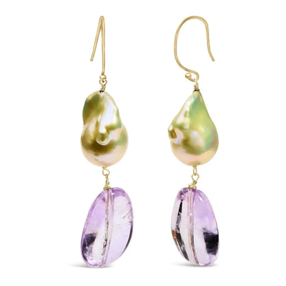 Stunning 14k Yellow Gold Amethyst & Baroque Pearl Drop Earrings - 2 Inch Dangle