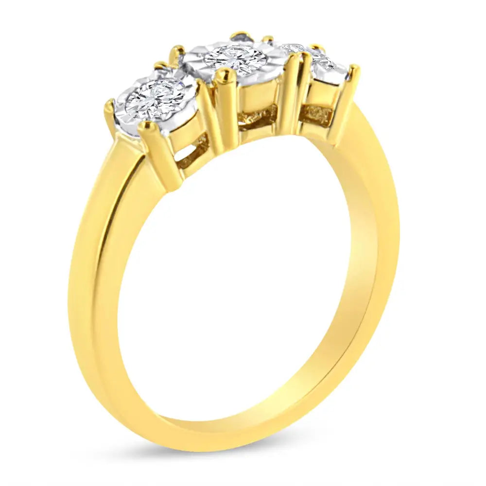 Stunning 14k Yellow Gold Illusion Plate Ring with 1/2 Cttw Diamond Three Stone