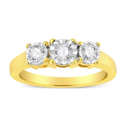 Stunning 14k Yellow Gold Illusion Plate Ring with 1/2 Cttw Diamond Three Stone